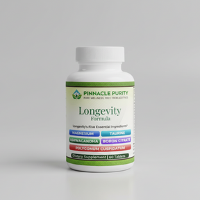 Supplement bottle labeled 'Pinnacle Purity Longevity Formula' on a white background
