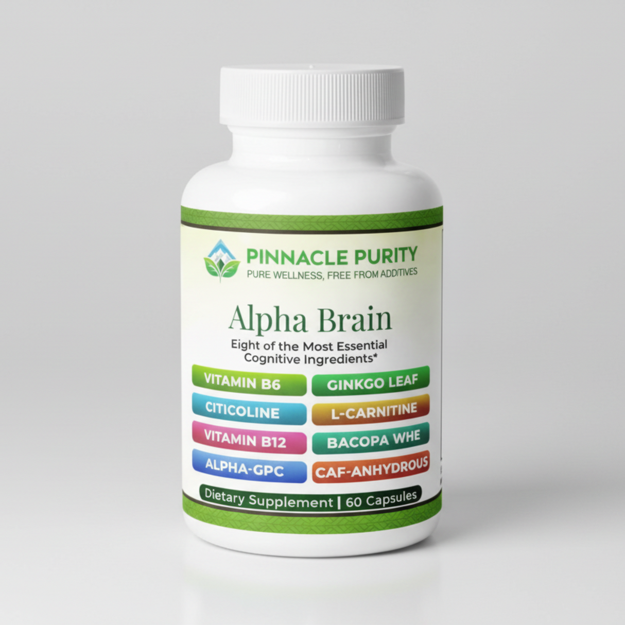 Supplement bottle labeled 'Alpha Brain' by Pinnacle Purity on a white background