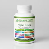 Supplement bottle labeled 'Alpha Brain' by Pinnacle Purity on a white background