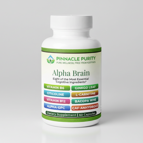 Supplement bottle labeled 'Alpha Brain' by Pinnacle Purity on a white background