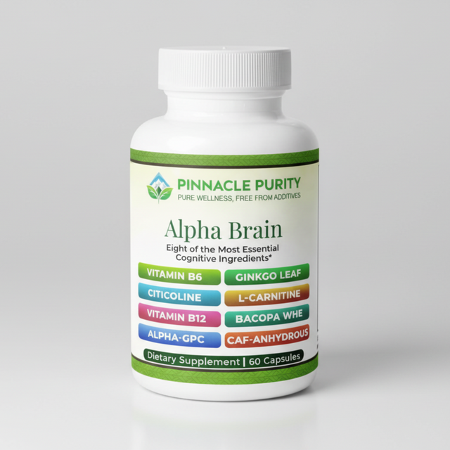 Supplement bottle labeled 'Alpha Brain' by Pinnacle Purity on a white background