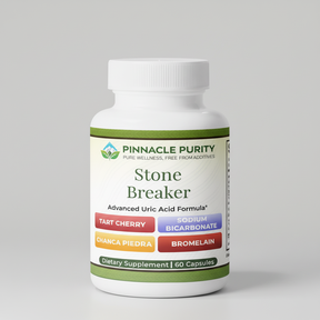 Supplement bottle labeled 'Stone Breaker' by Pinnacle Purity on a white background