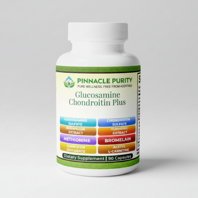 Supplement bottle labeled 'Pinnacle Purity Glucosamine Chondroitin Plus' on a white background